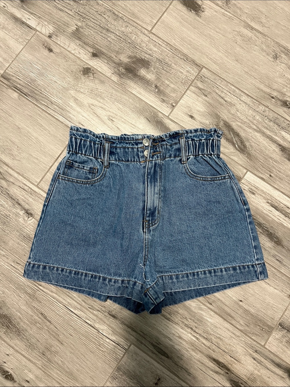 Forever 21 High-Rise Ruched Waist Denim Shorts - Blue